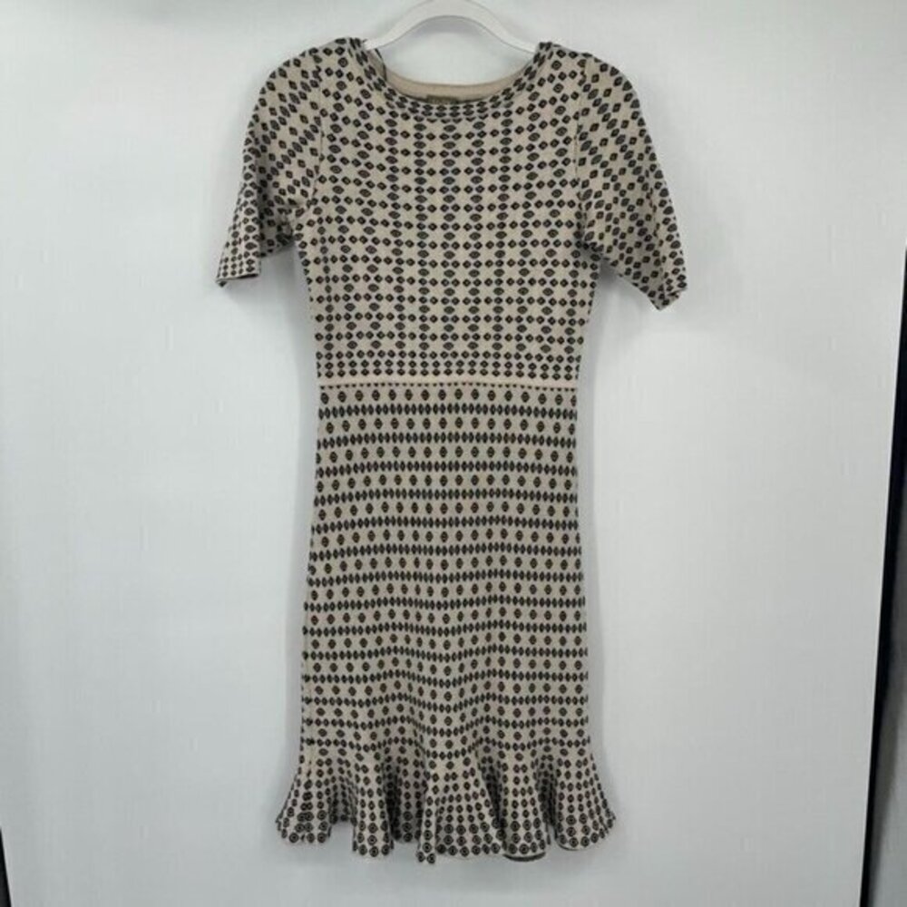 Taylor Womens Dress Small Beige Black Ruffle Preppy Sweater Short Sleeves Knit